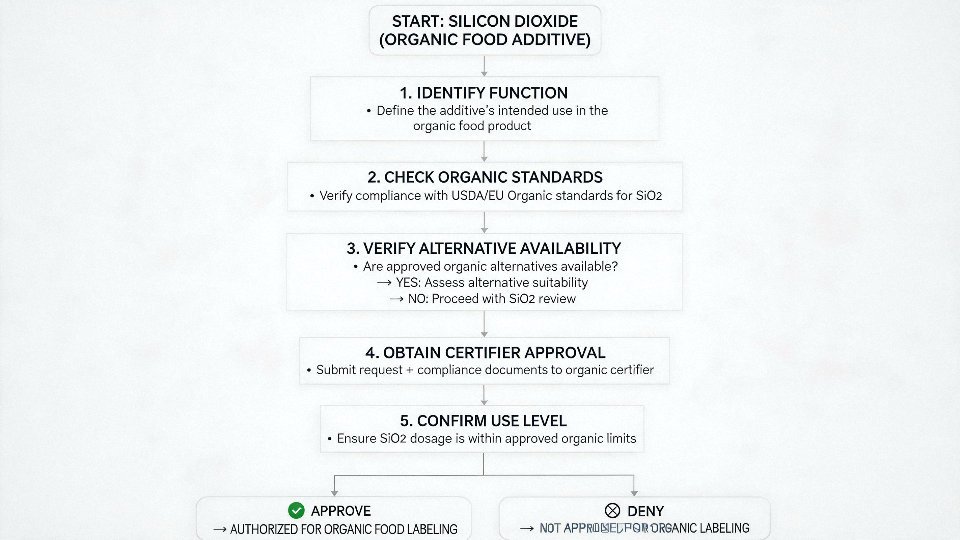 silicon-dioxide-organic-food-03-organic-additive-decision-tree-with-english-labels-identify-function-check-organic-standard-verify-alternative-availability-obtain-certifier-approval-document-use-level-approve-label