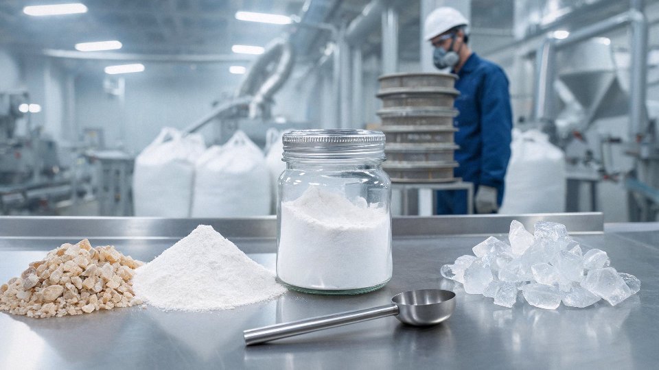 Different industrial silicon dioxide materials shown beside bulk silica sand handling equipment.