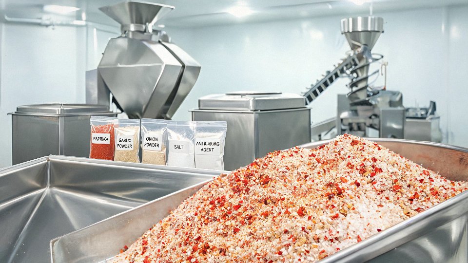 Food-grade seasoning powder being blended in an industrial dry mixing area.