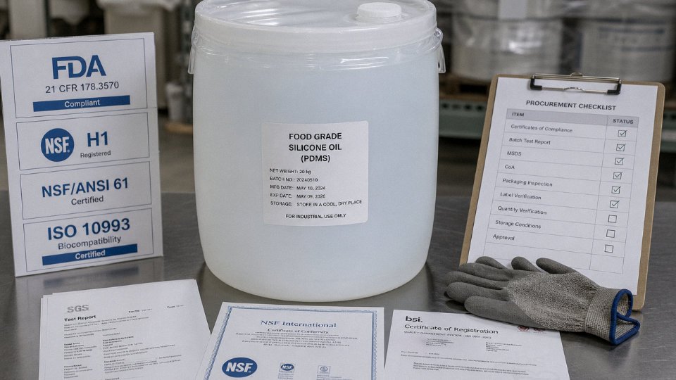 Multiple certification labels and a drum of food-grade silicone oil on an industrial procurement desk