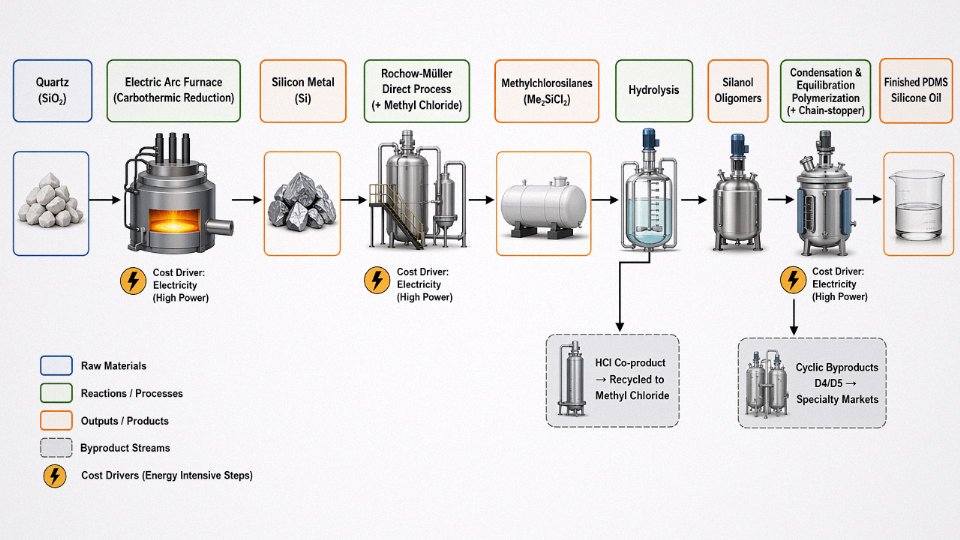 Engineering flow diagram showing the silicone oil manufacturing chain from quartz mining through silicon metal smelting, Rochow-Müller synthesis, hydrolysis, and polymerization to finished PDMS