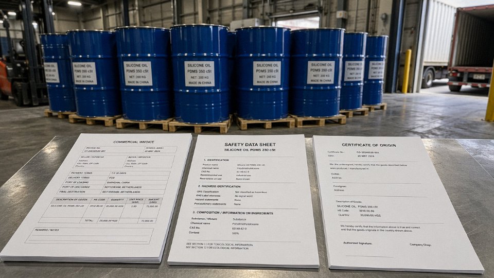 Stack of export compliance documents beside drums of silicone oil on an industrial loading dock