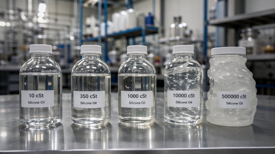 Multiple labeled containers of silicone oil in different viscosity grades arranged in an industrial laboratory setting