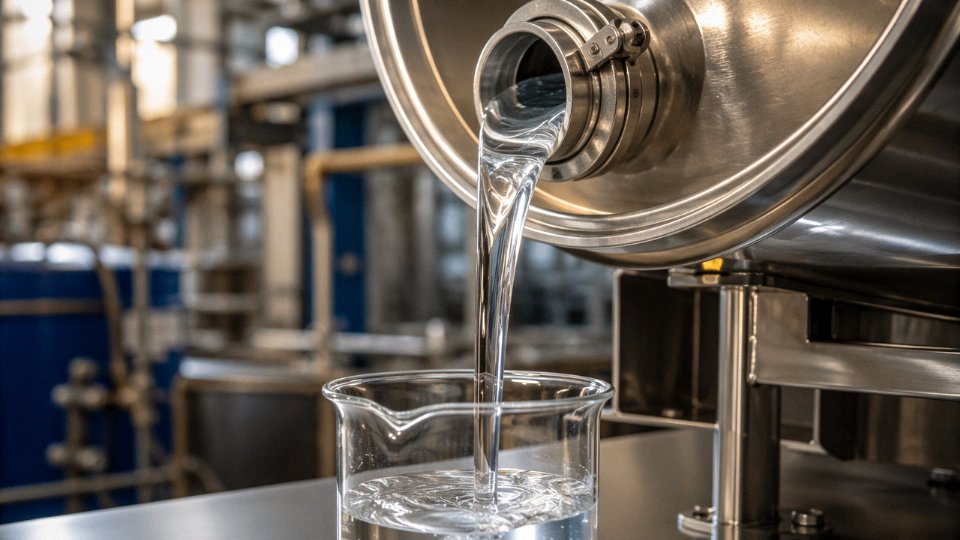 Clear silicone oil being poured from an industrial container in a manufacturing facility