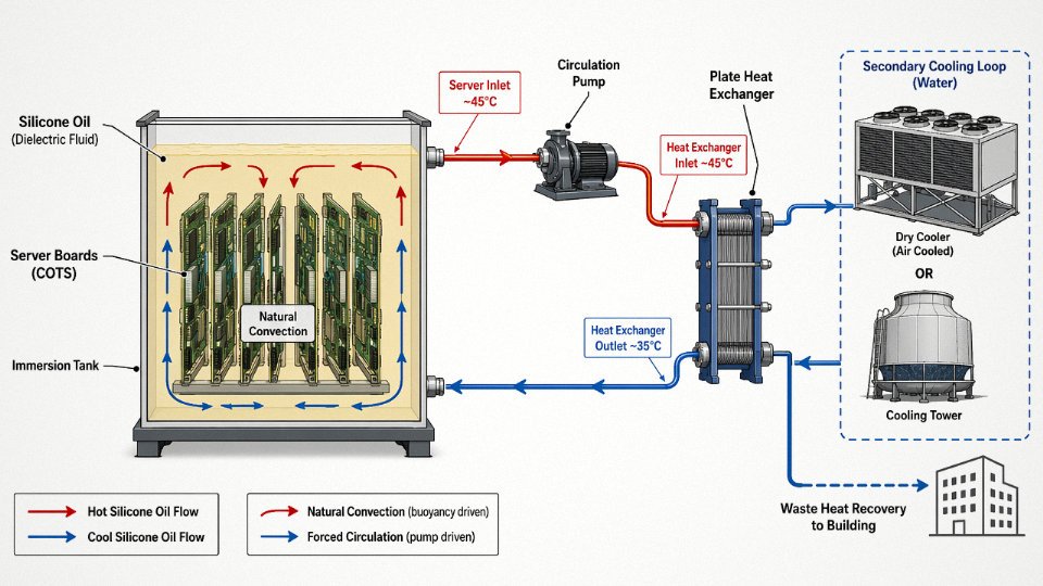 Engineering diagram showing single-phase immersion cooling system with server boards submerged in silicone oil tank and secondary cooling loop