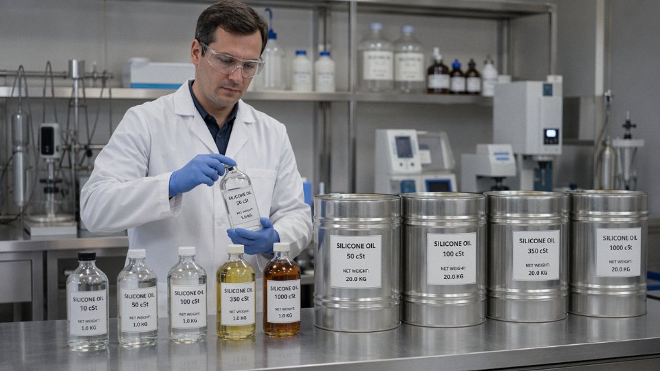 Industrial laboratory worker handling multiple grades of specialty silicone oil in labeled containers on a stainless steel workbench