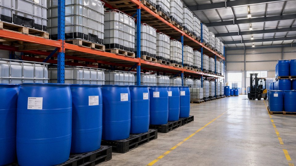 Industrial silicone oil drums and IBC totes on a warehouse floor ready for dispatch