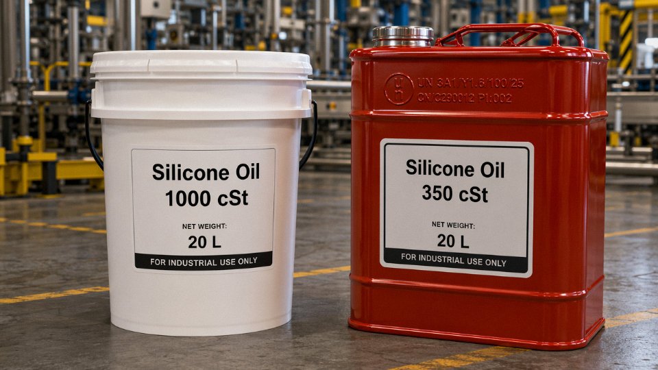 Side-by-side comparison of a white HDPE pail and a red steel jerry can containing silicone oil on an industrial production floor