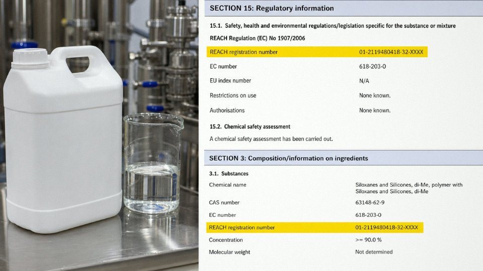 silicone-oil-reach-compliance-01-annotated-SDS-sections-showing-section-15-regulatory-information-and-section-3-composition-with-REACH-registration-number-highlighted