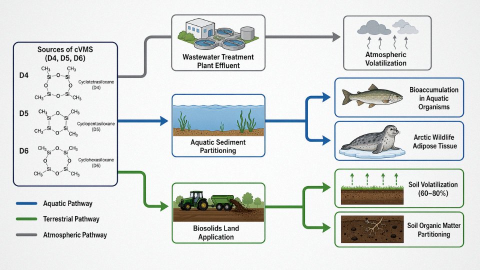 Diagram showing environmental fate pathways of cyclic volatile methylsiloxanes D4, D5, and D6 through atmosphere, soil, water, and biota