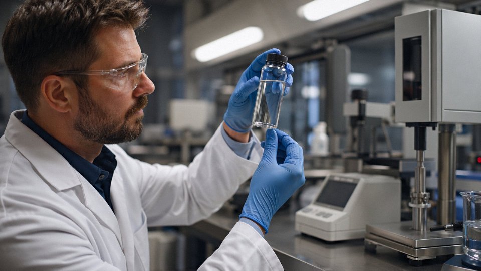 Researcher handling a vial of clear silicone oil in an industrial laboratory setting