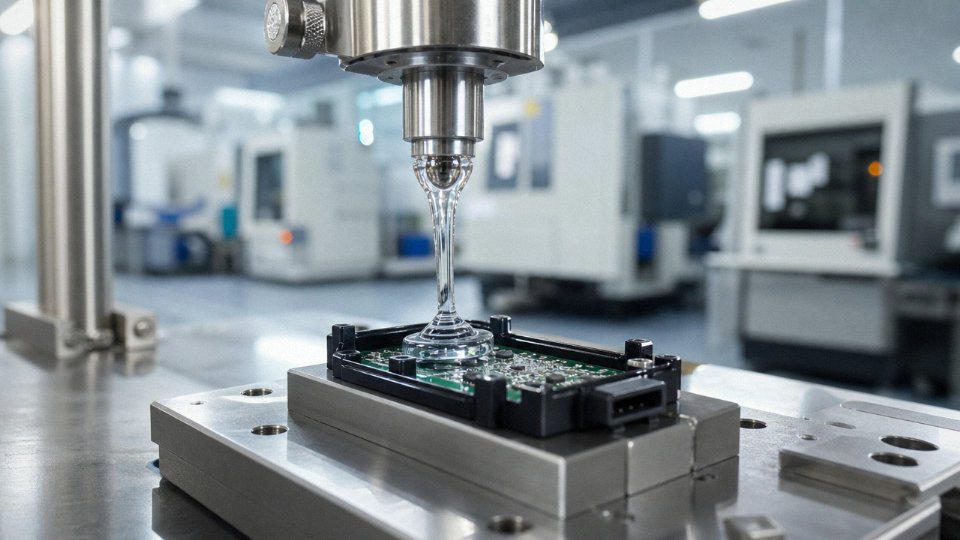 Clear silicone oil being dispensed into industrial component on a factory production line