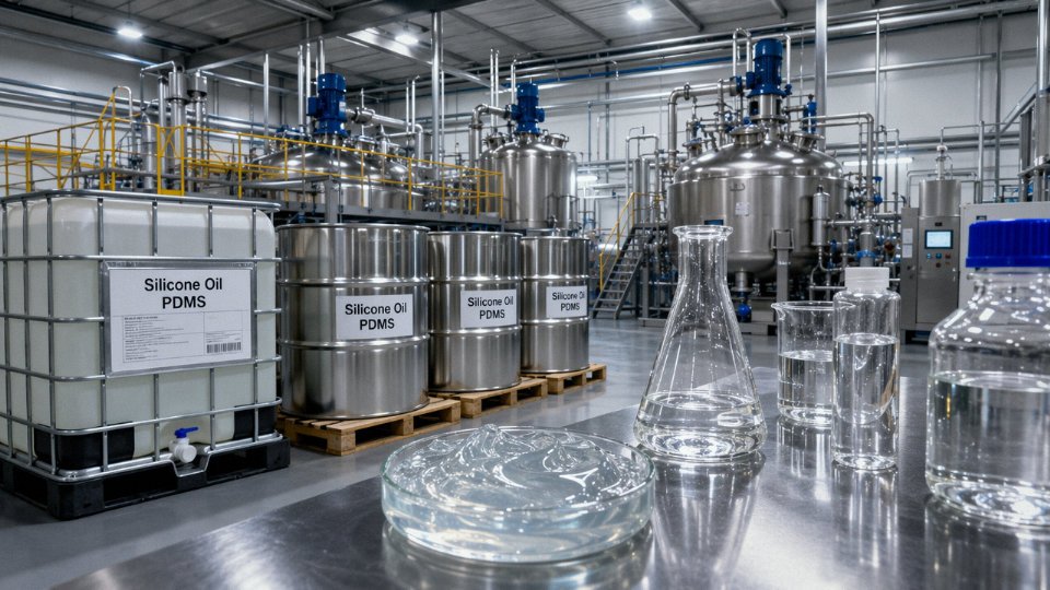 Multiple industrial containers of silicone oil in a chemical manufacturing facility with laboratory glassware in the foreground