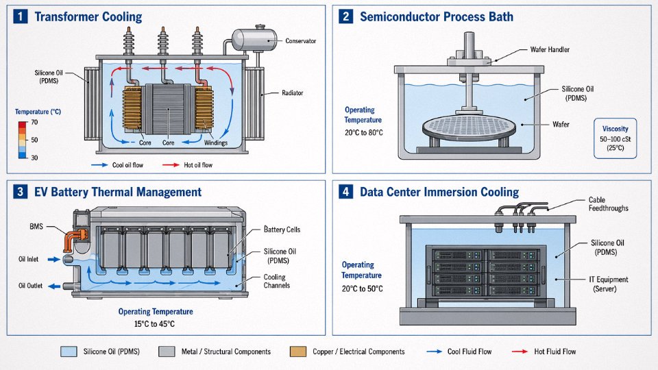 Flat vector diagram showing four electronics applications of silicone oil: transformer cooling, semiconductor process baths, EV battery thermal management, and immersion cooling