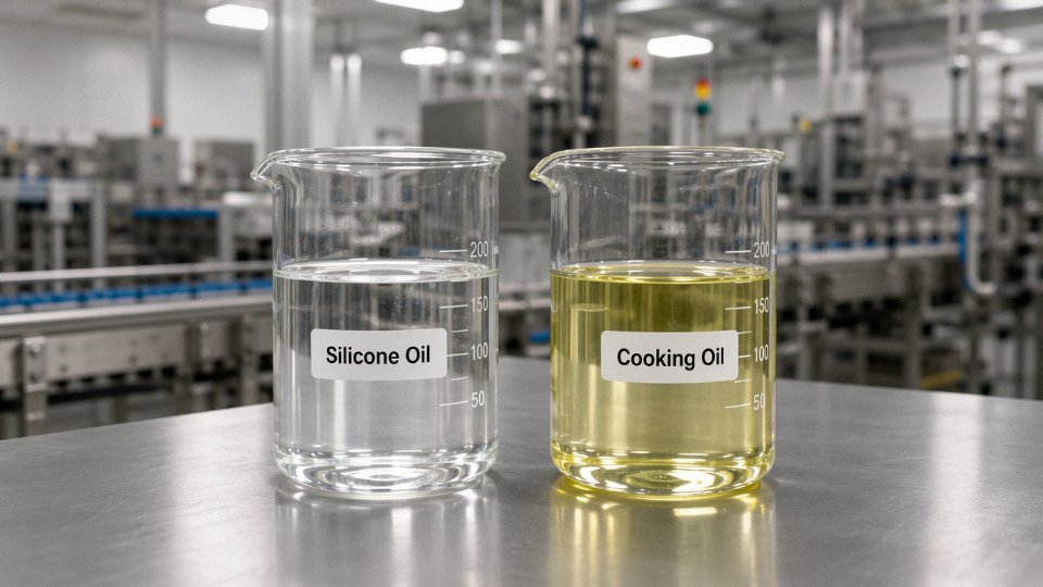 Side-by-side industrial comparison of silicone oil and cooking oil in laboratory glassware on a factory workbench