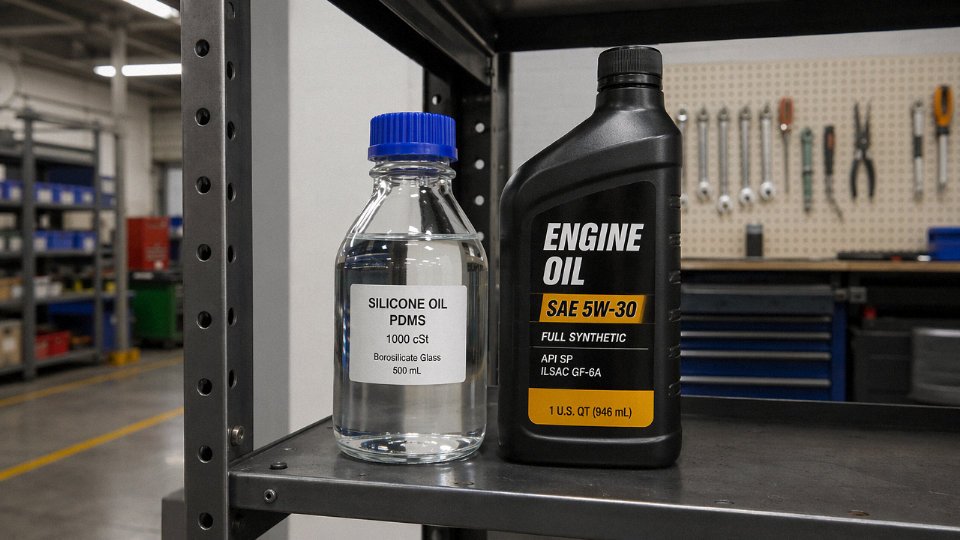 Side-by-side comparison of silicone oil and engine oil in industrial containers on a workshop shelf