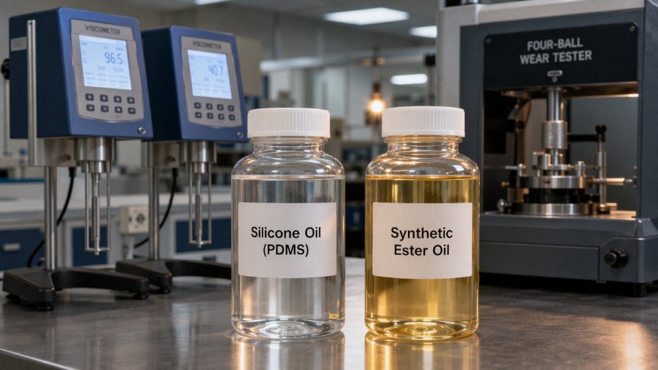 Side-by-side industrial comparison of silicone oil and ester oil containers in a lubrication laboratory setting