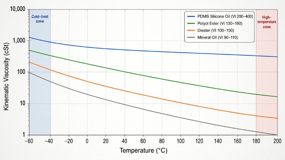 Flat vector engineering diagram comparing viscosity-temperature curves of PDMS silicone oil, polyol ester, diester, and mineral oil across a temperature range of -60°C to 200°C