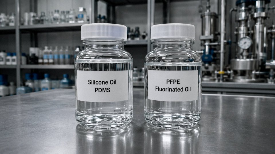 Side-by-side comparison of silicone oil and fluorinated PFPE oil samples in industrial laboratory setting