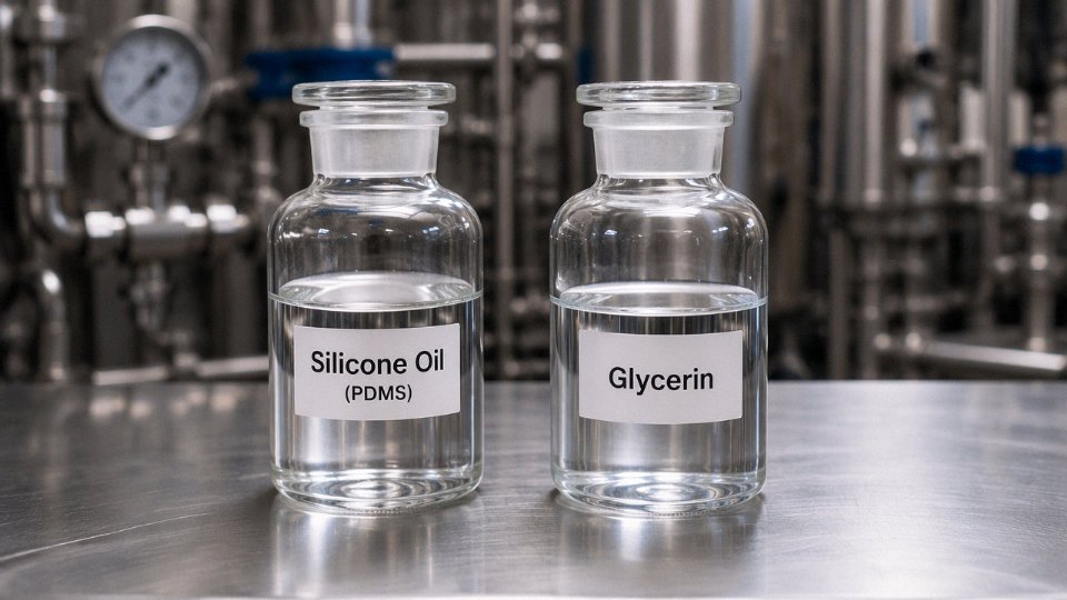 Two laboratory bottles side by side, one containing clear silicone oil and one containing glycerin, on an industrial workbench