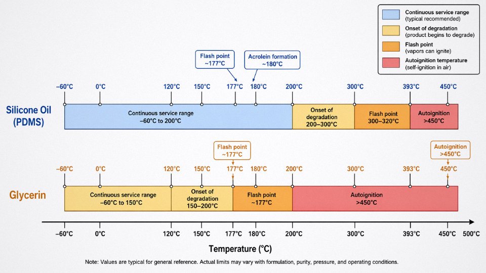 Flat vector diagram showing dual temperature range bars and key thermal property thresholds for silicone oil and glycerin side by side