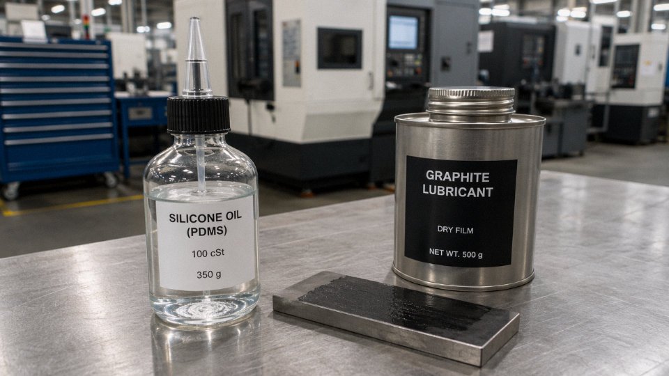 Side-by-side comparison of silicone oil in a glass bottle and dry graphite lubricant powder on an industrial workbench