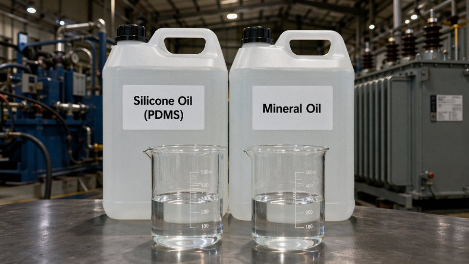 Side-by-side industrial comparison of silicone oil and mineral oil containers in a manufacturing facility