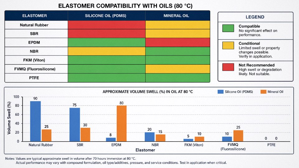 Engineering compatibility matrix chart showing elastomer seal materials rated against silicone oil and mineral oil