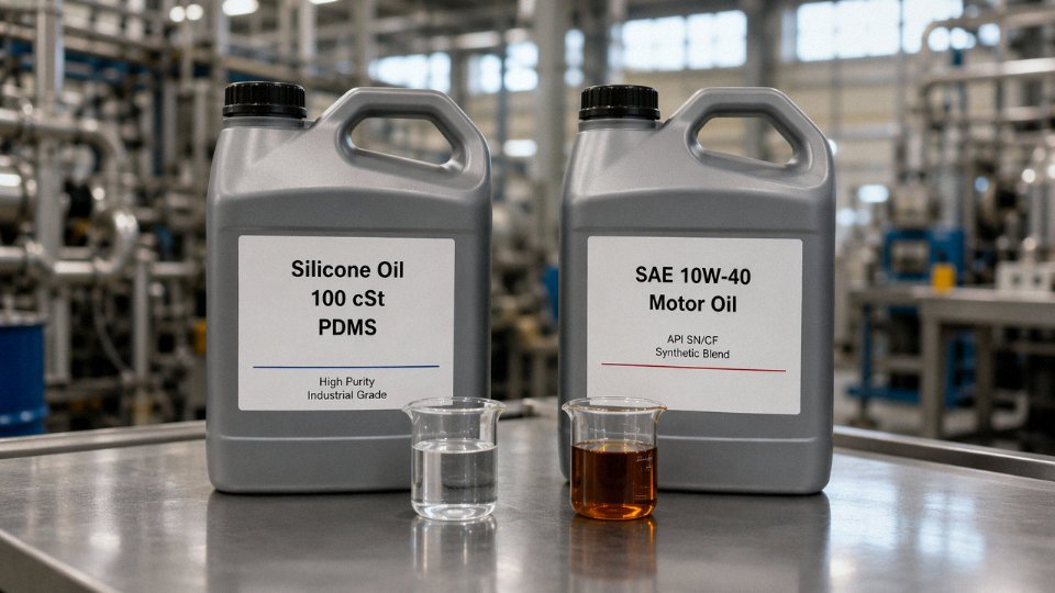Side-by-side comparison of silicone oil and motor oil in industrial setting showing two labeled containers and fluid samples