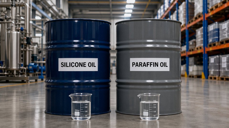 Two industrial drums of clear lubricant oil side by side on a factory floor, representing silicone oil and paraffin oil