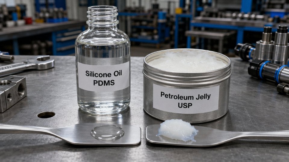 Side-by-side comparison of silicone oil in a clear bottle and petroleum jelly in an open tin on an industrial workbench