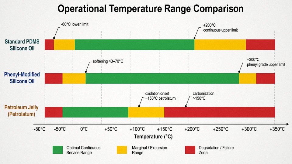 Engineering diagram comparing the operational temperature ranges of standard PDMS silicone oil, phenyl-modified silicone oil, and petroleum jelly on a horizontal scale