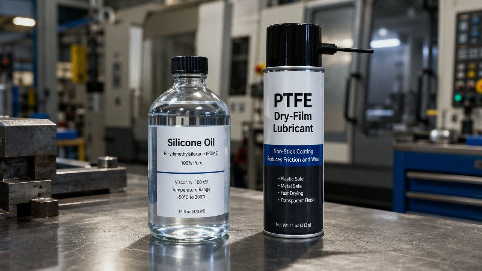 Side-by-side comparison of silicone oil bottle and PTFE dry-film lubricant spray can on an industrial workbench
