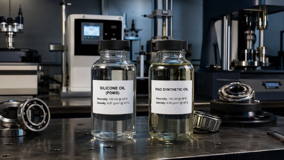 Side-by-side comparison of silicone oil and PAO synthetic oil sample bottles on an industrial workbench with lubrication testing equipment