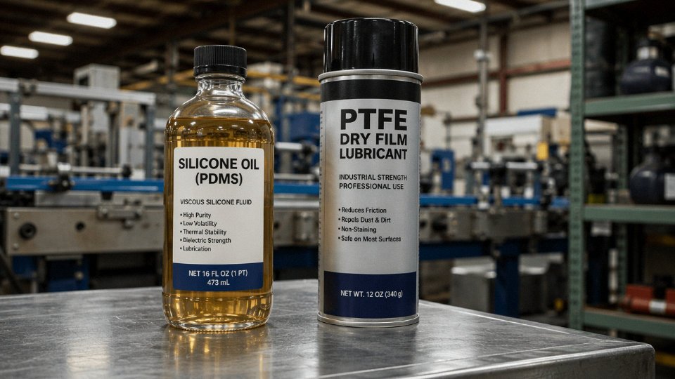 Side-by-side comparison of silicone oil bottle and PTFE dry-film aerosol spray can on an industrial workbench