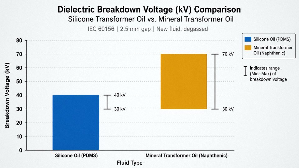 Bar chart comparing dielectric breakdown voltage of silicone oil and mineral oil under IEC 60156 test conditions