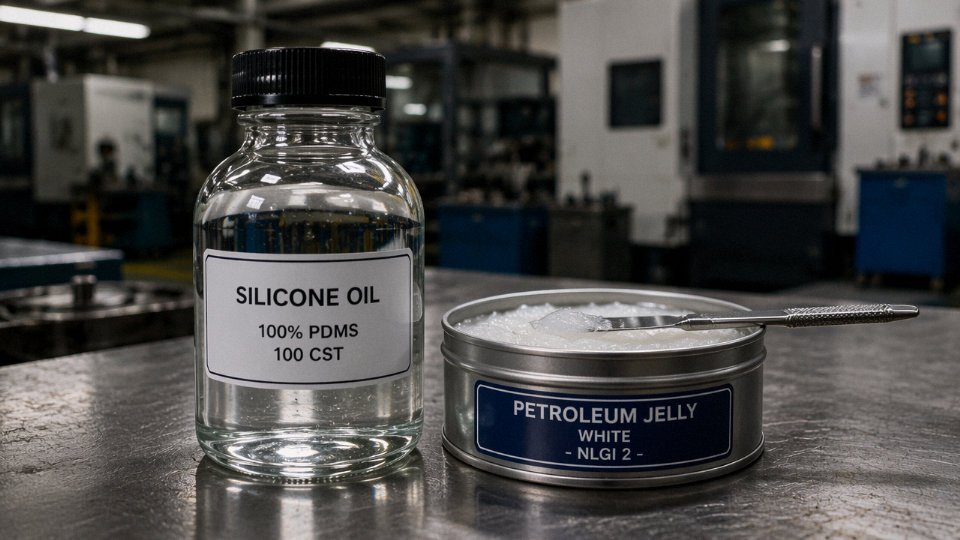 Side-by-side industrial comparison of silicone oil in a clear bottle and a tin of Vaseline petroleum jelly on a metal workshop bench
