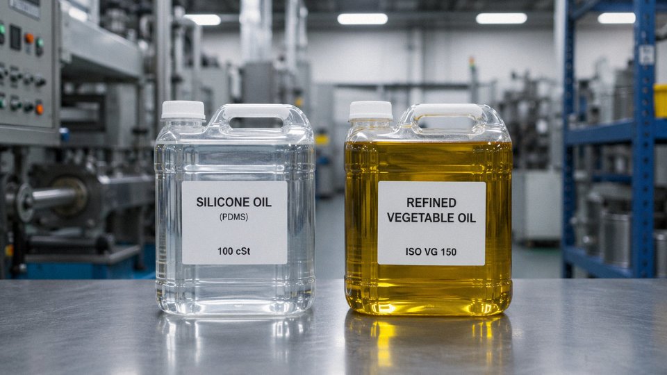 Two industrial lubricant containers side by side — one filled with clear silicone oil and one with amber vegetable oil — on a factory maintenance bench