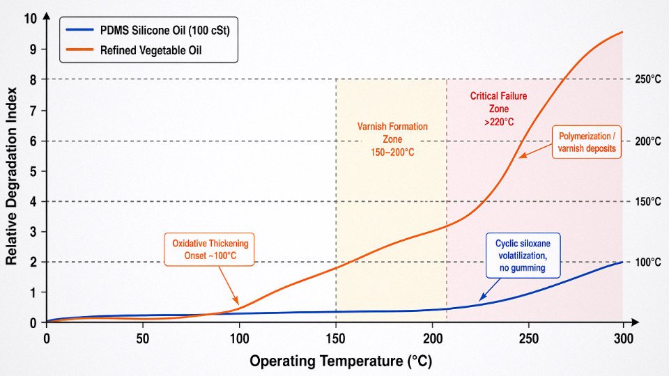 Flat vector comparison chart showing thermal degradation pathways of PDMS silicone oil versus vegetable oil across an operating temperature range from 0°C to 300°C
