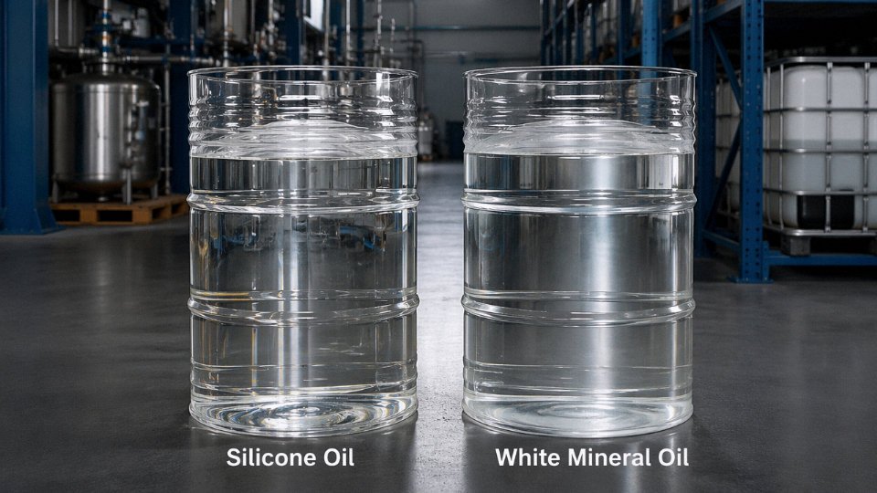 Two identical clear industrial drums side by side — one containing silicone oil, one containing white mineral oil — on a factory floor