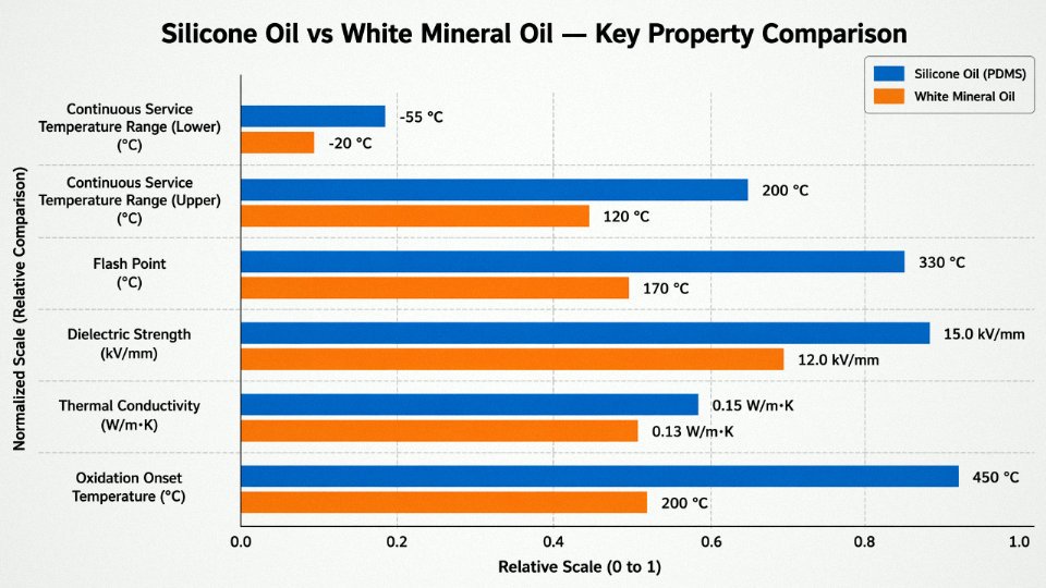 Side-by-side grouped bar chart comparing thermal and electrical properties of silicone oil and white mineral oil across six performance metrics