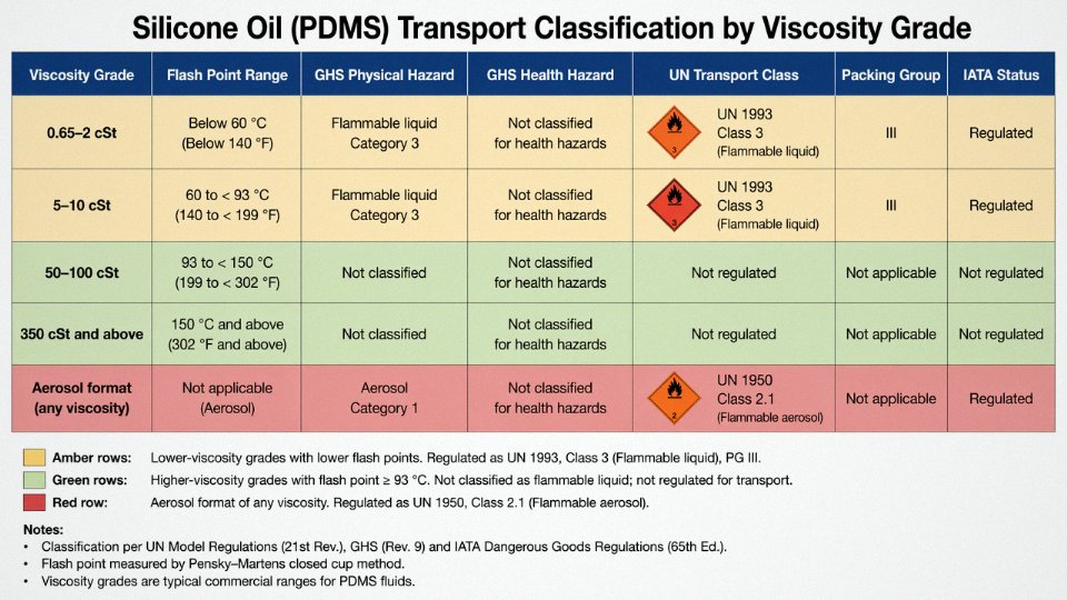 Flat vector reference table comparing silicone oil viscosity grades against flash point, UN transport class, and IATA status