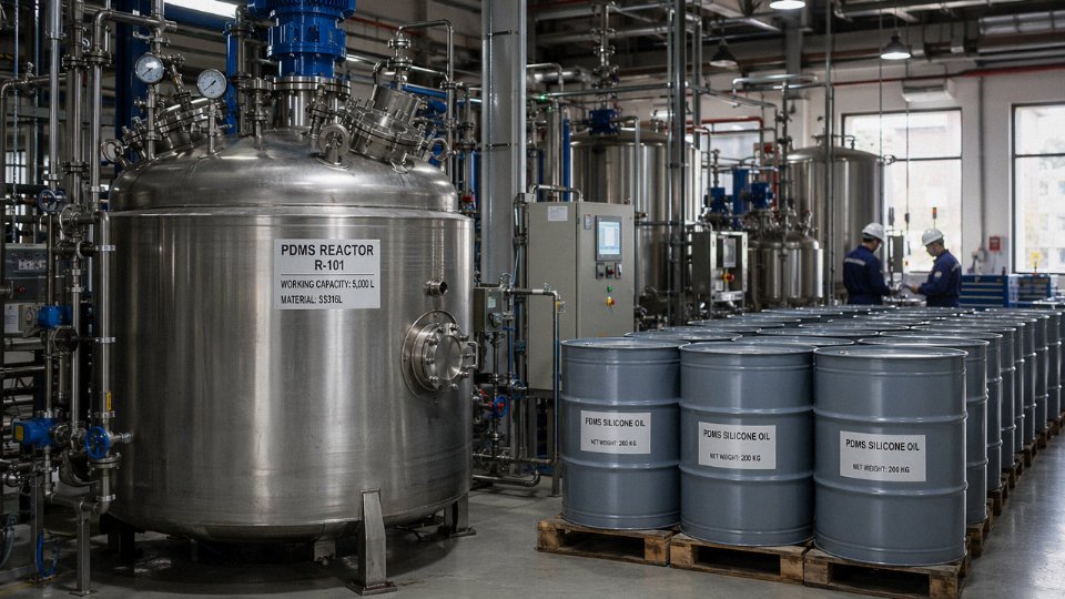 Industrial drums of silicone oil on a warehouse floor beside polymerization reactor equipment