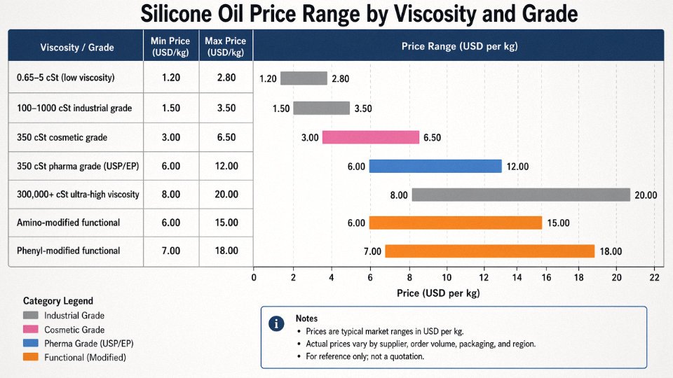 Table and bar chart comparing silicone oil price ranges by viscosity grade and purity tier