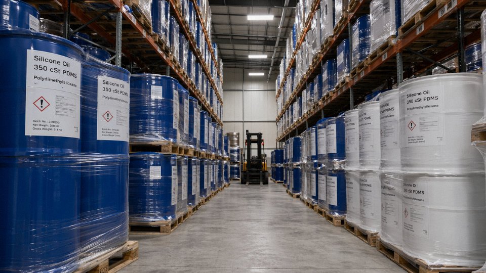 Industrial specialty chemical distributor warehouse aisle with 200-liter silicone oil drums stacked on pallets and shelved in high-bay racking