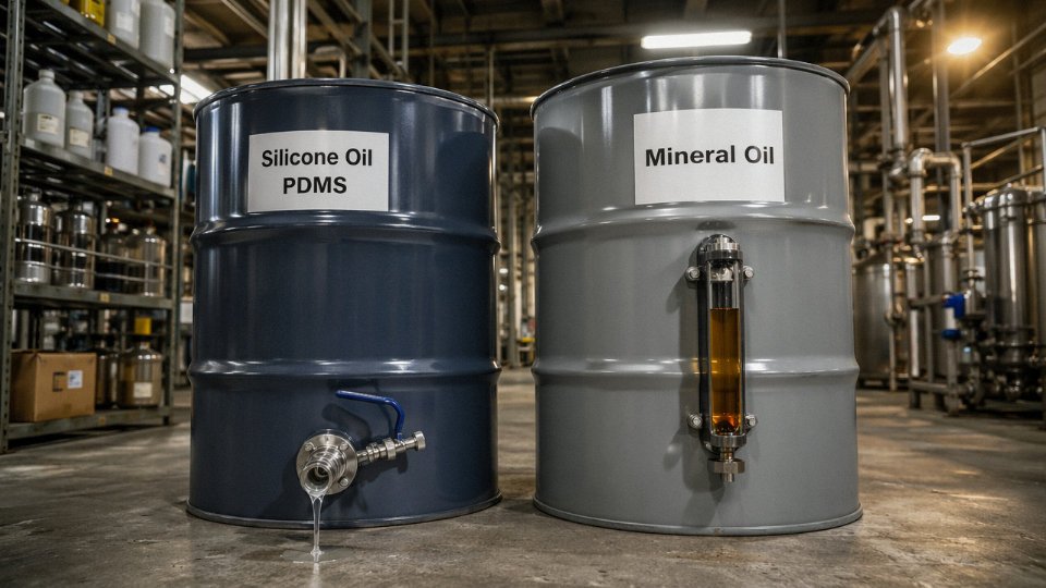 Side-by-side industrial comparison of silicone oil and mineral oil containers in a chemical plant setting