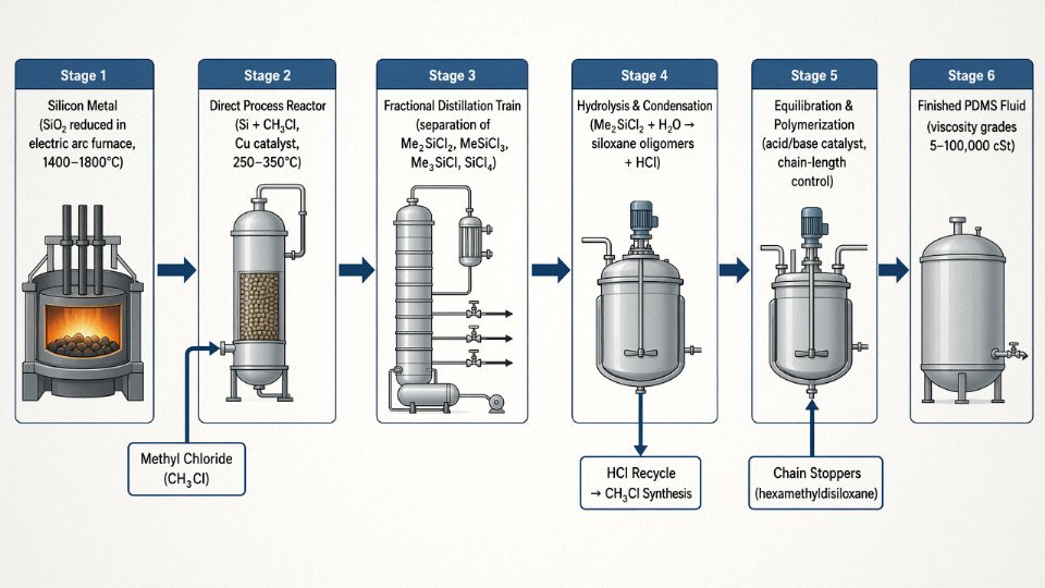 Flow diagram showing the full Rochow-Müller process from silicon metal and methyl chloride through chlorosilane synthesis, fractional distillation, hydrolysis, and polymerization to finished PDMS fluid