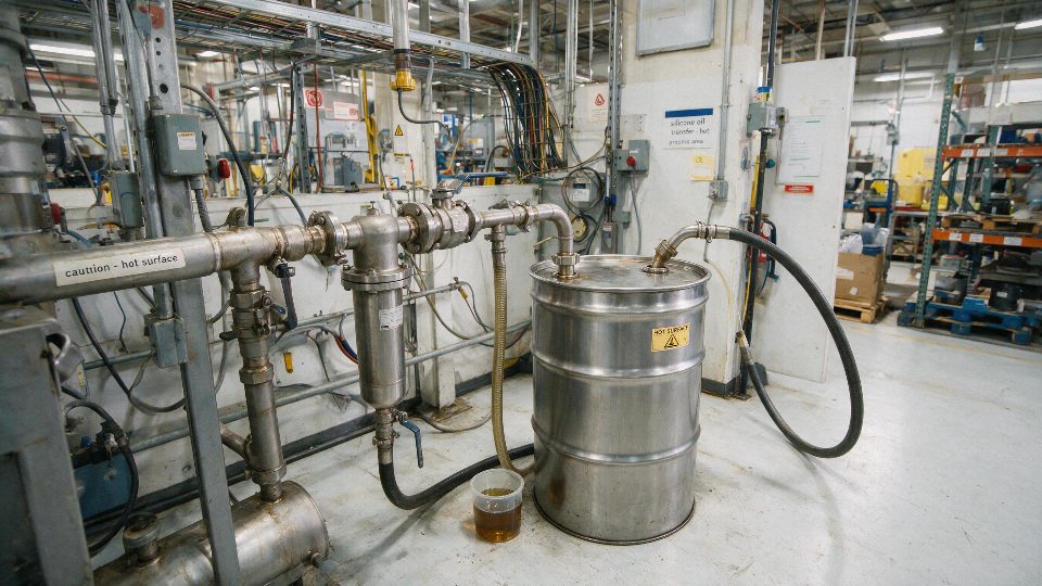 Industrial drum of silicone oil in a hot processing area with signs of fluid degradation