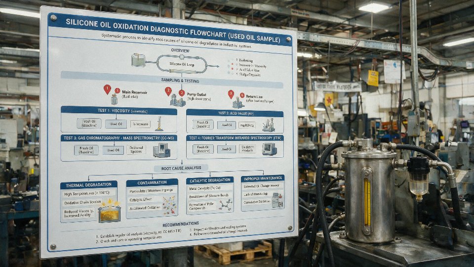 does-silicone-oil-oxidize-06-used-silicone-oil-diagnostic-flowchart-with-sampling-points-lab-tests-and-root-cause-branches