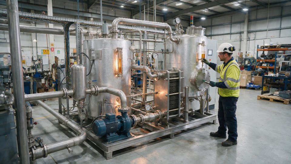 Industrial silicone oil heating system with hot fluid loop and operator inspection